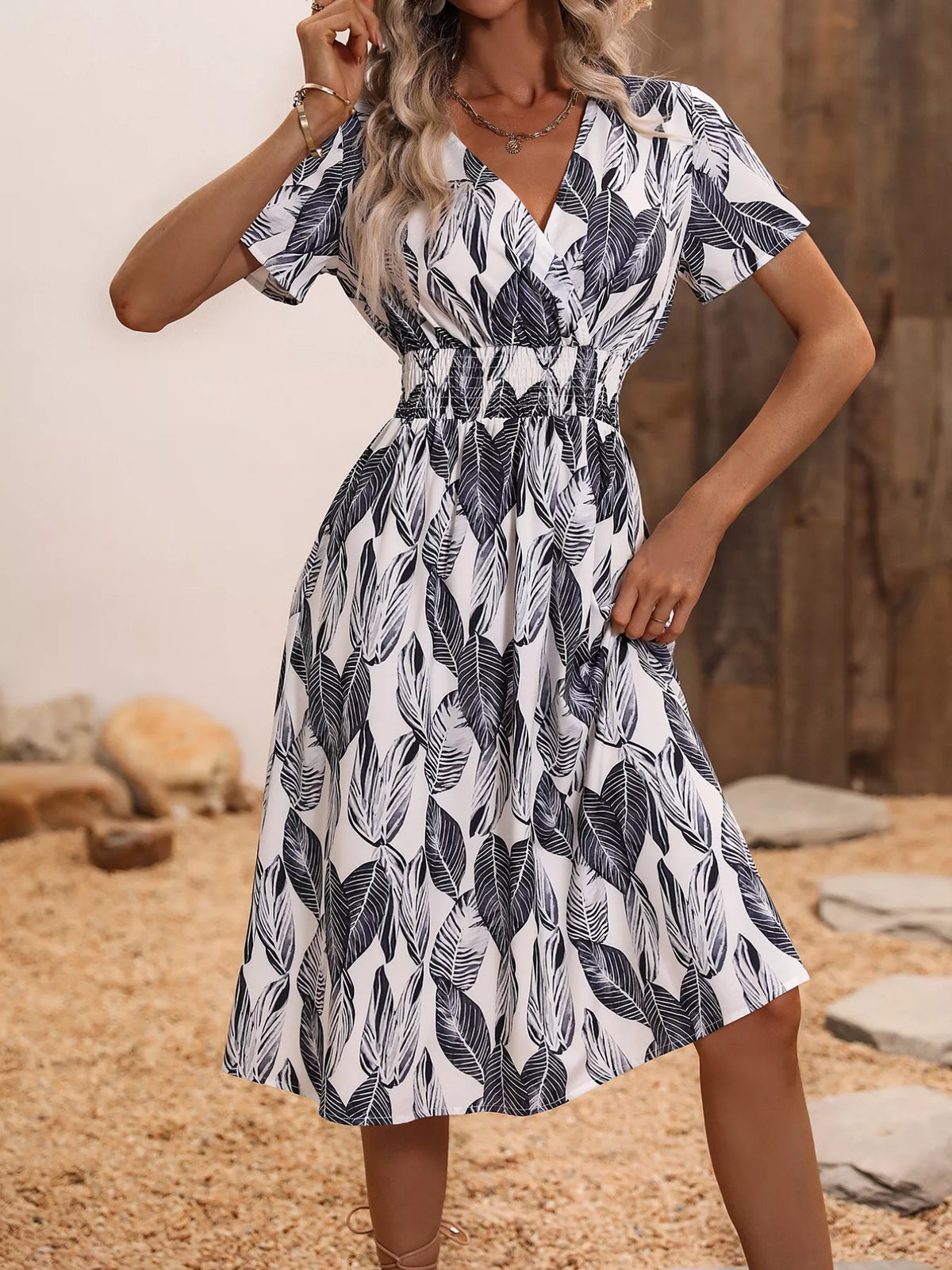 Smocked Printed Short-Sleeve Midi Dress