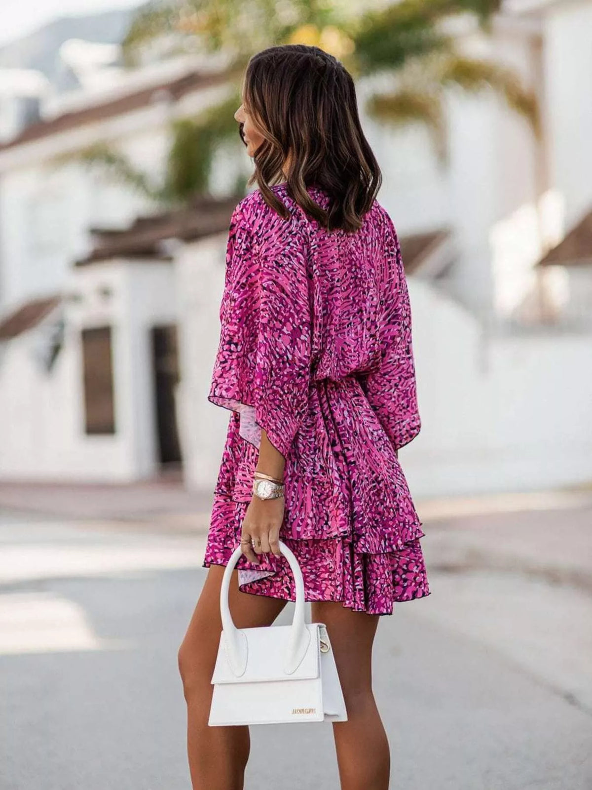 Tiered Surplice Mini Dress with Belt
