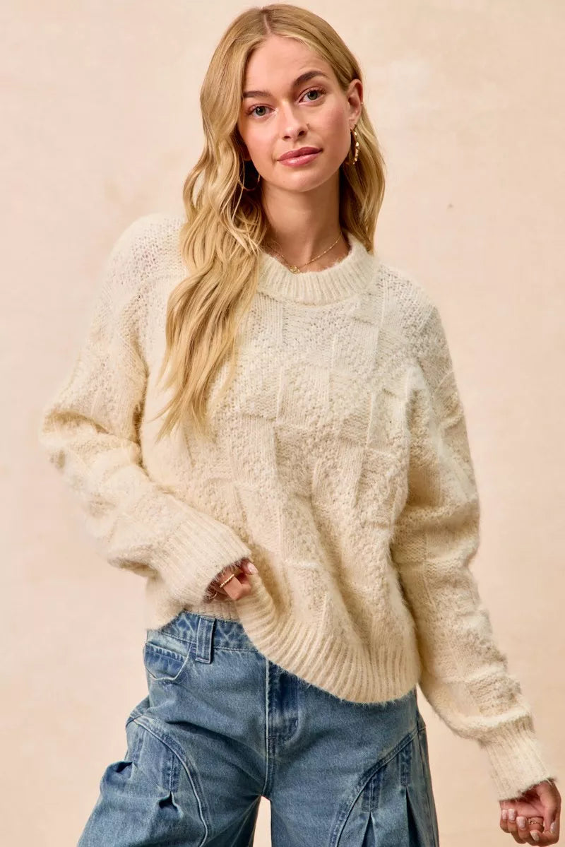 Checkerboard Drop Shoulder Sweater in Ivory by BiBi