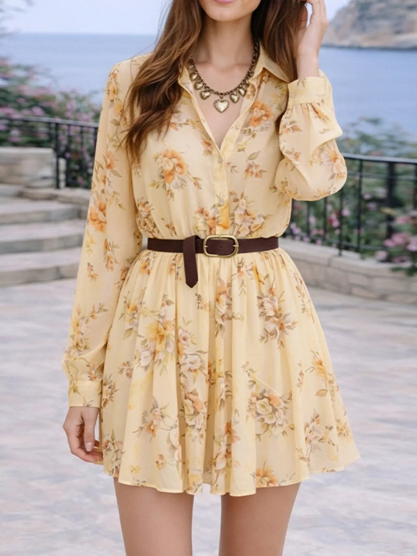 Floral Print Long Sleeve Shirt Dress