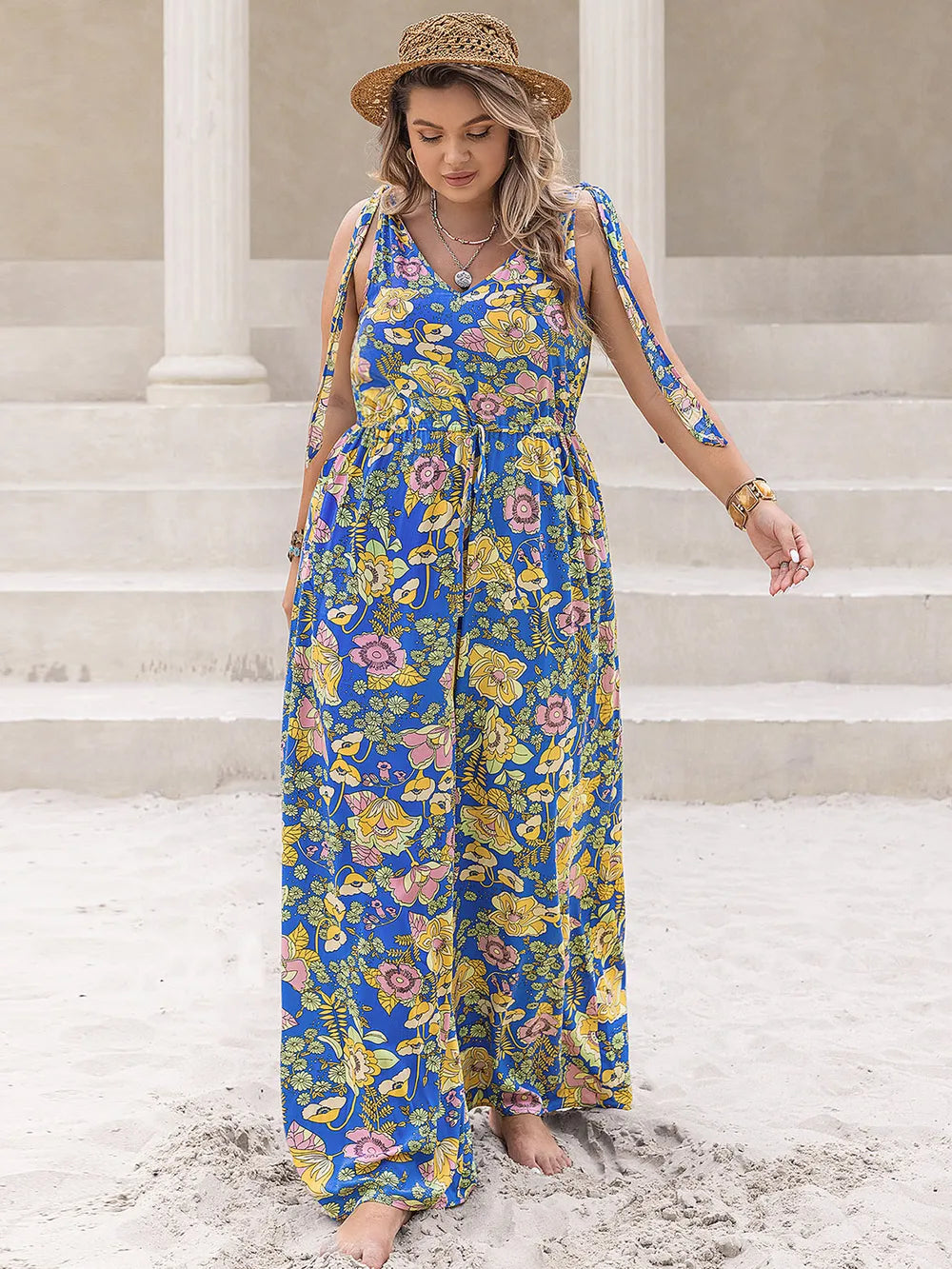 Plus Size Printed V-Neck Jumpsuit in Blue