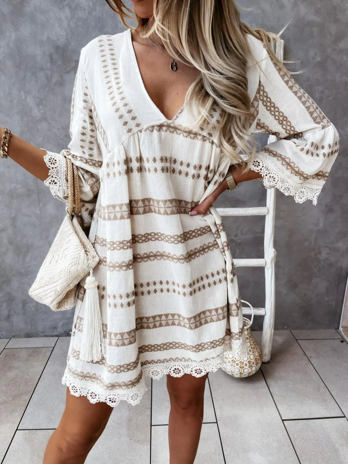 Striped V-Neck Lace Trim Babydoll Dress