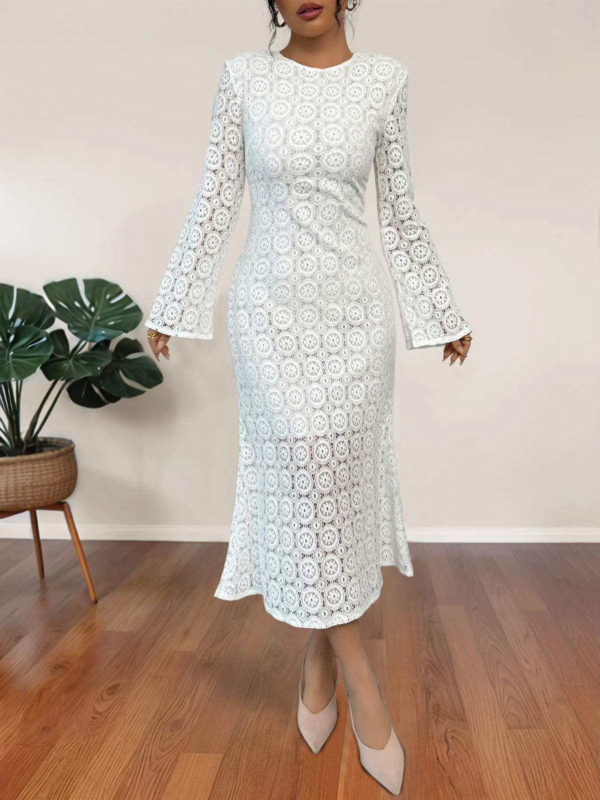 Lace Long Sleeve Midi Dress in White