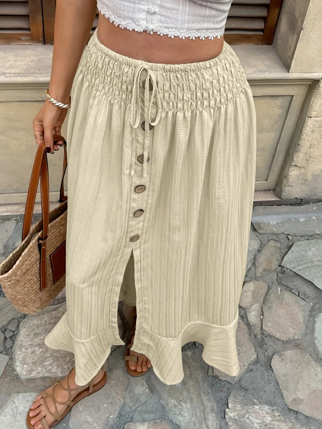 Ruffled Hem Slit Skirt in Beige