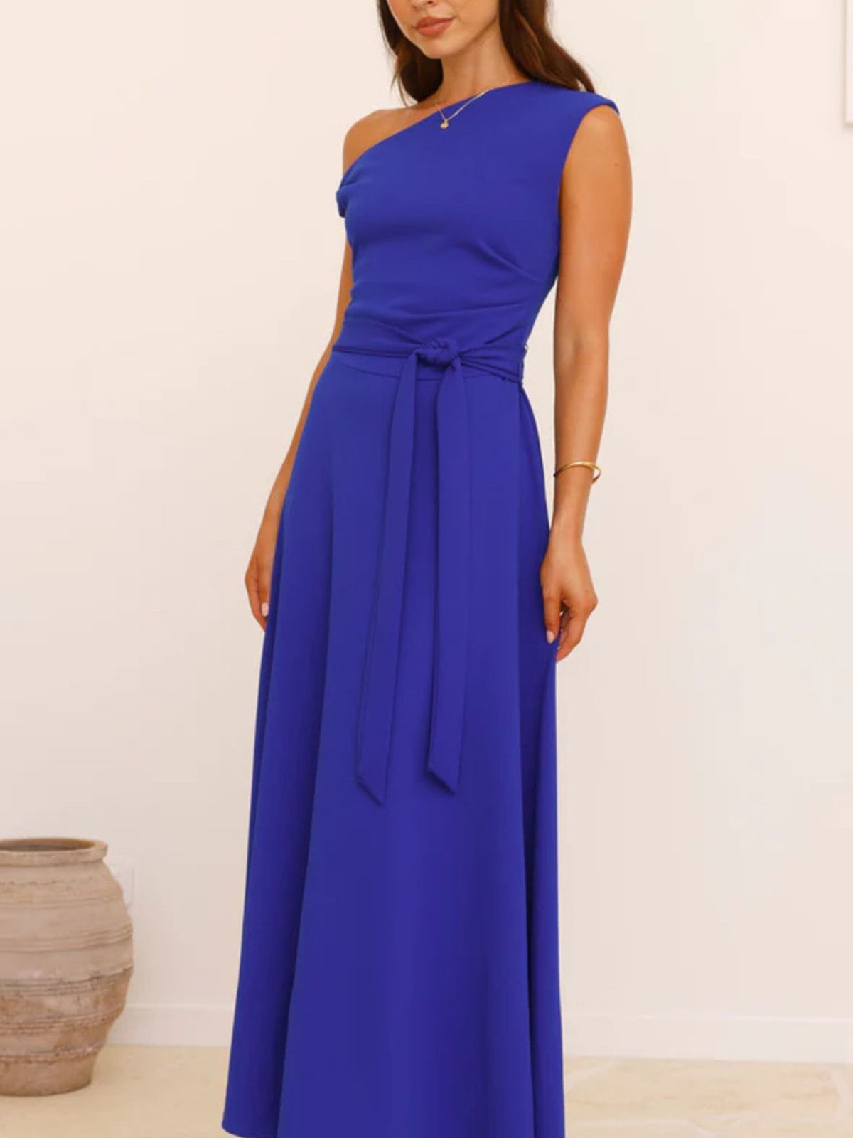 One-Shoulder Tie Waist Maxi Dress