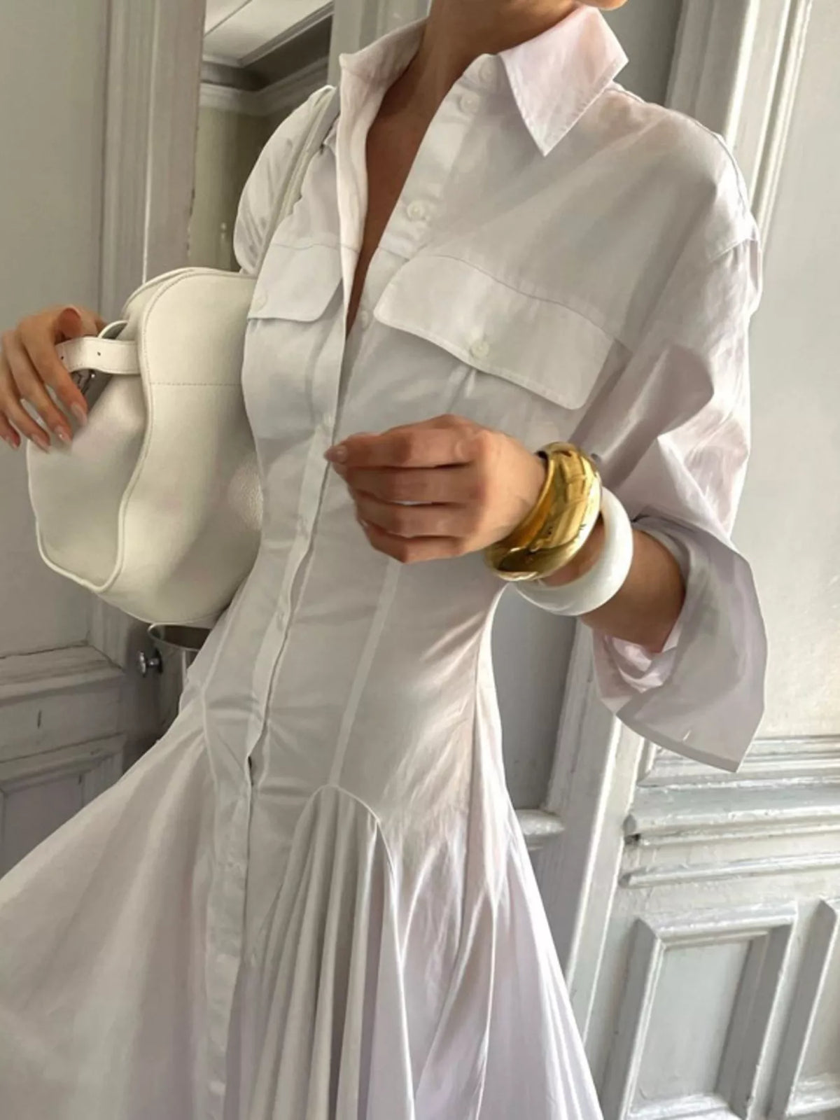 Button-Front Long Sleeve Maxi Shirt Dress in White