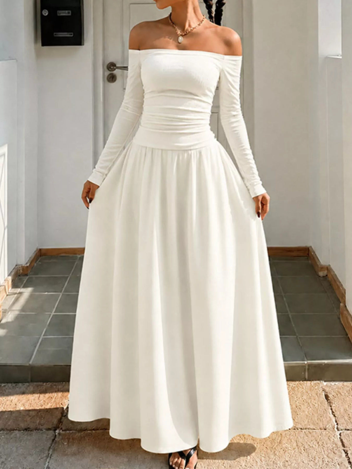 Off-the-Shoulder Ruched Maxi Dress