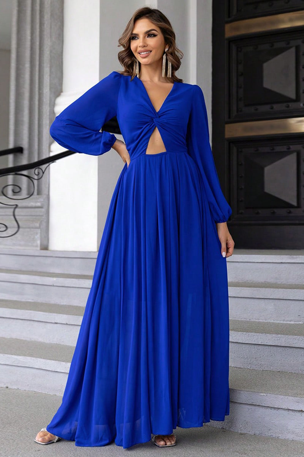 Twist Front Cutout Long Sleeve Dress in Royal Blue in Royal  Blue
