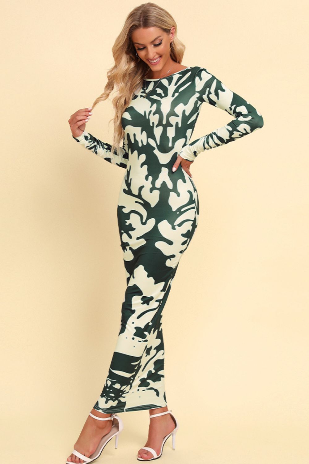 Backless Long Sleeve Maxi Dress in Green Camouflage
