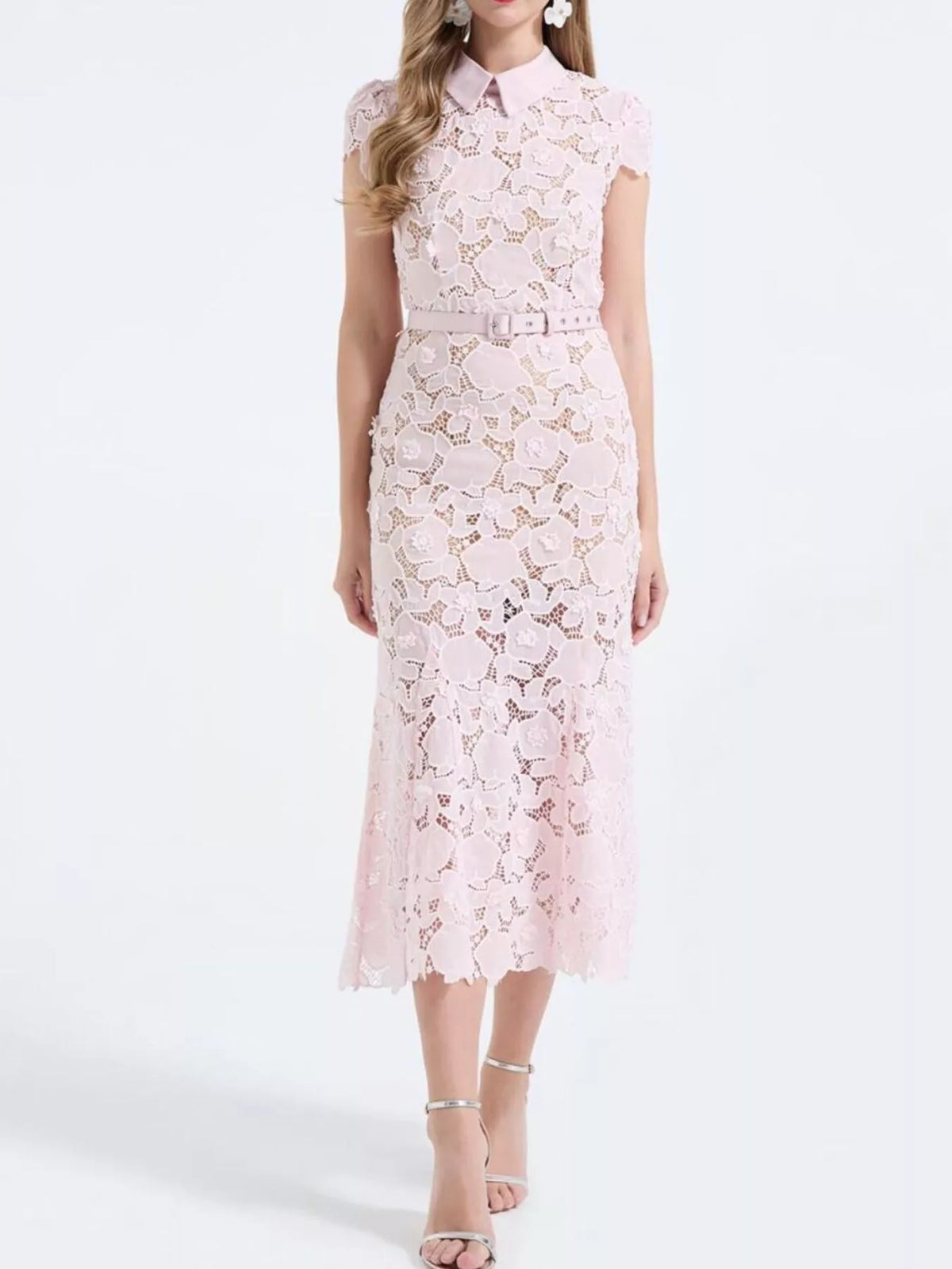 Floral Lace Short-Sleeve Midi Dress