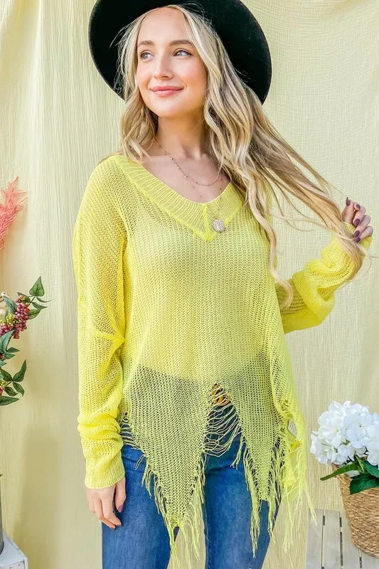 And The Why Distressed Mesh V-Neck Cover-Up in Yellow