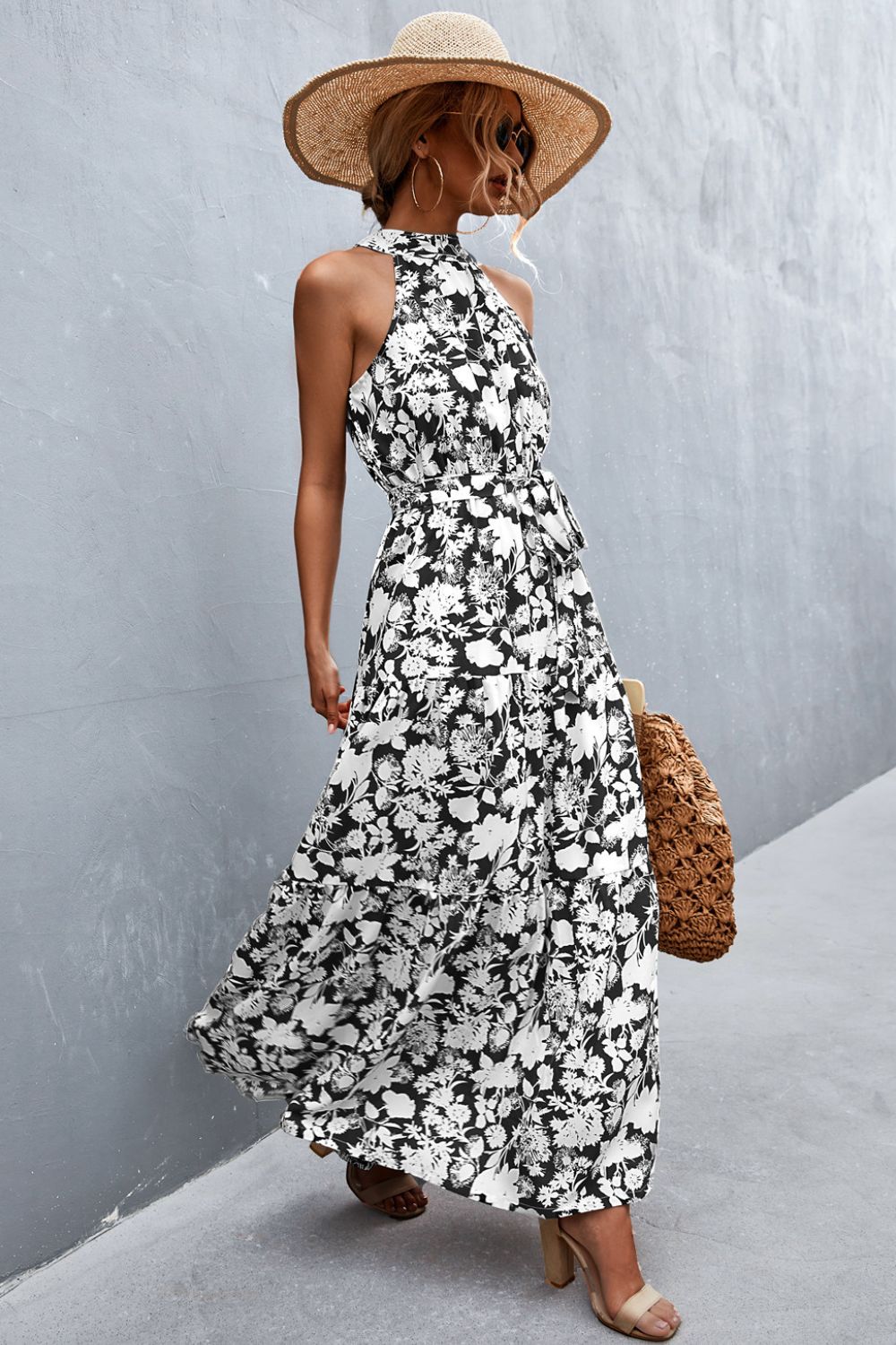 Printed Sleeveless Tie Waist Maxi Dress in Rose Floral in Rose/Floral