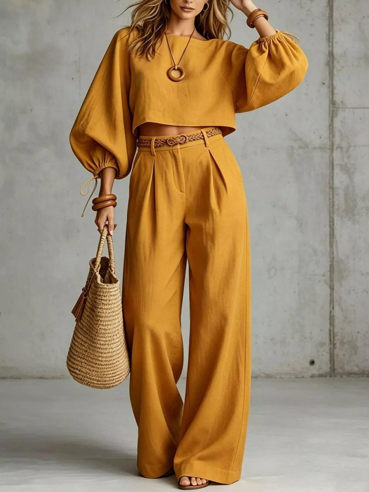 Balloon Sleeve Crop Top and Wide-Leg Pants Set