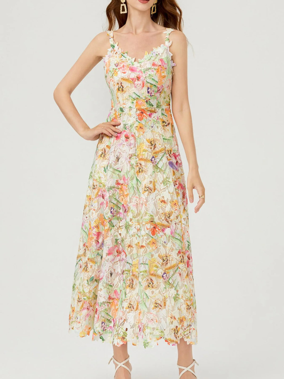 Floral Lace V-Neck Midi Dress