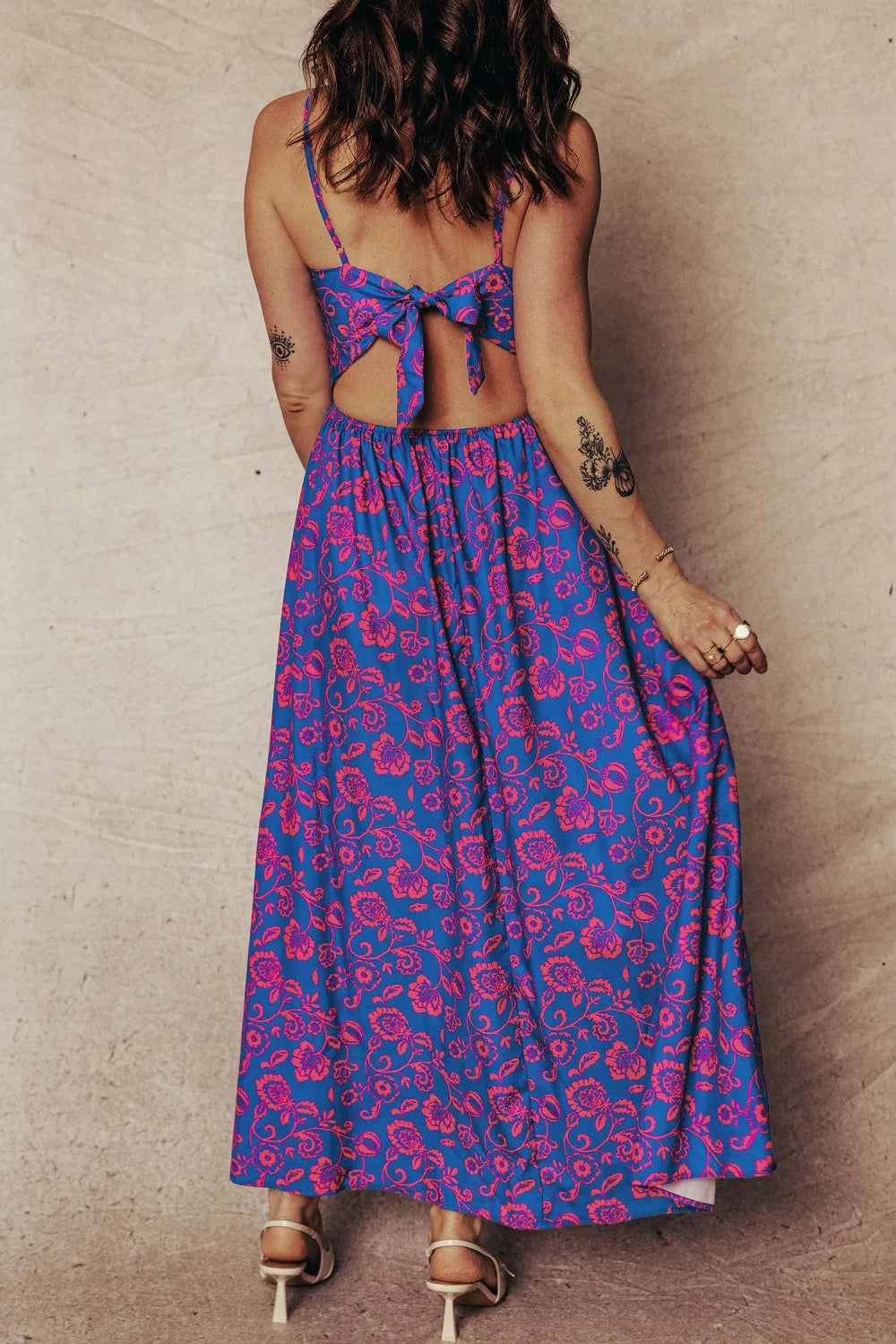 Floral Twisted V-Neck Backless Maxi Dress in Purple