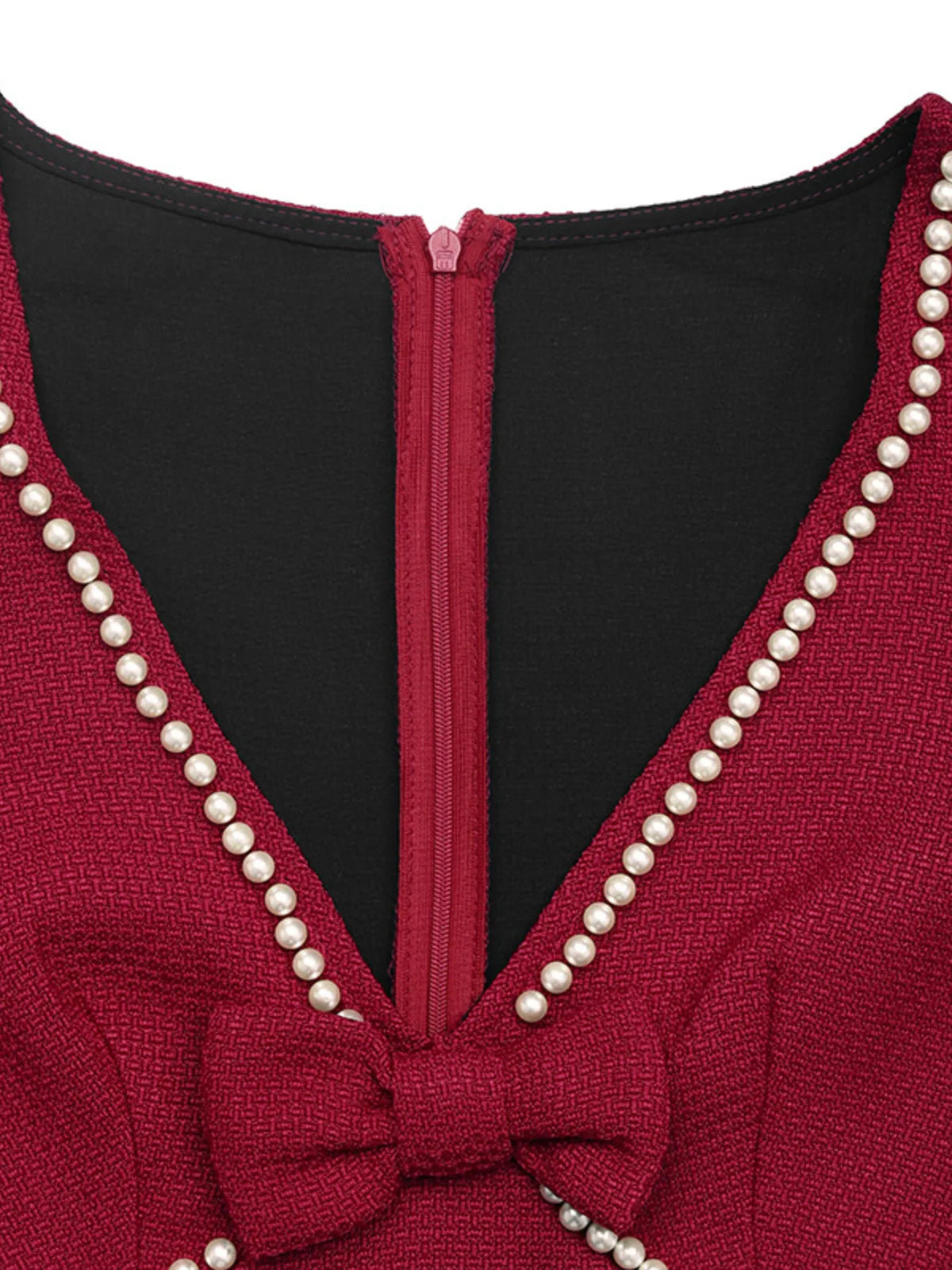 Pearl Trim V-Neck Long Sleeve Bodycon Dress in Red