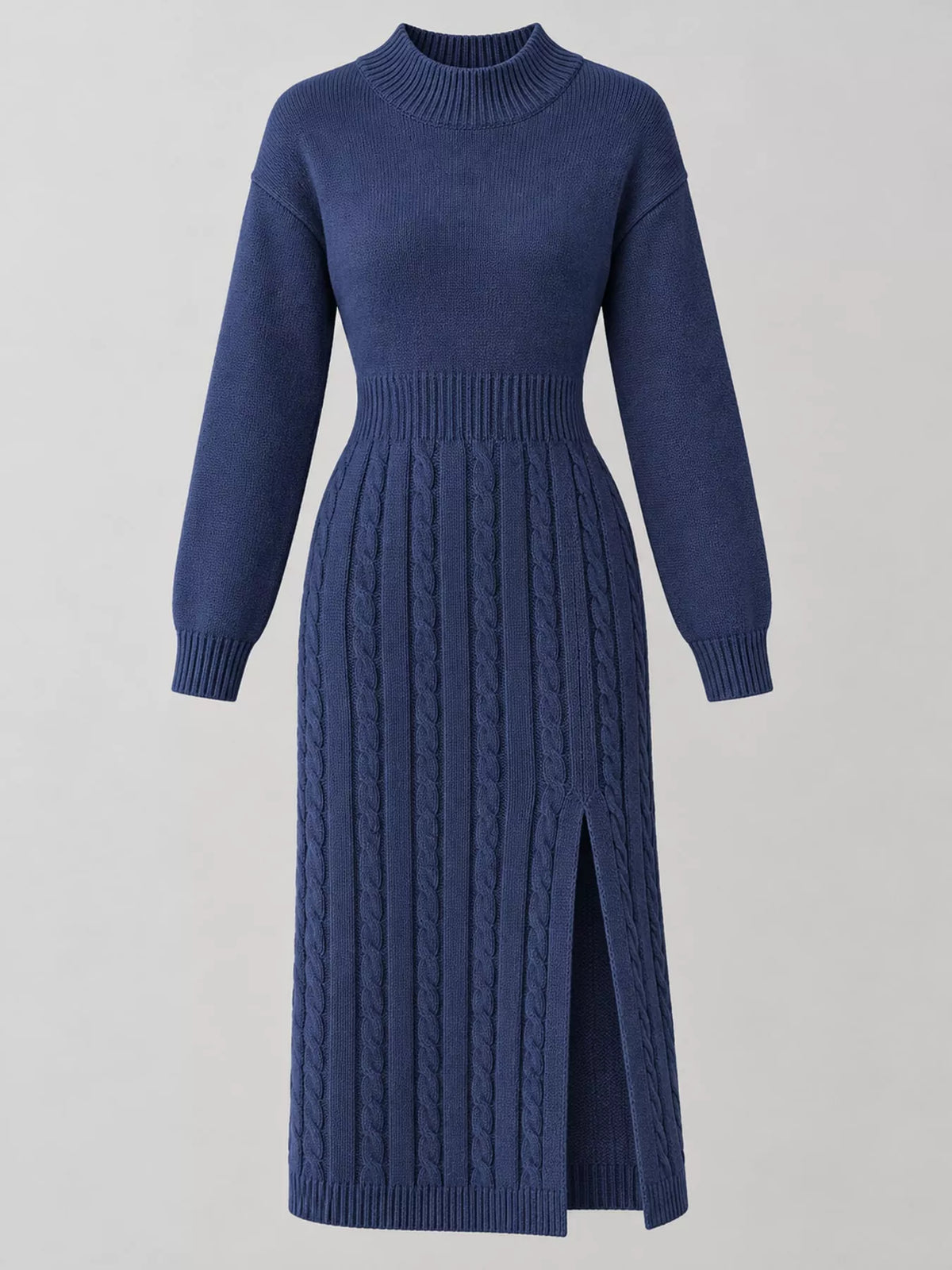 Mock Neck Cable Knit Sweater Dress with Front Slit