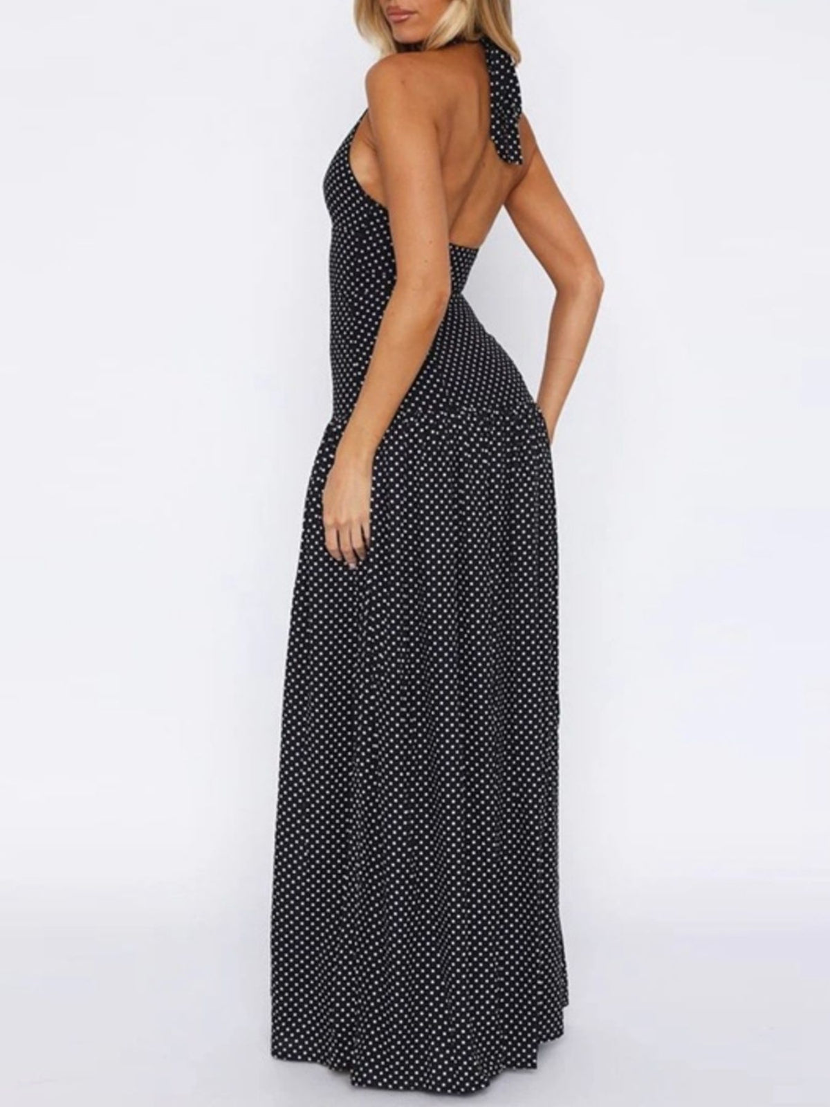 Polka Dot Halter Neck Maxi Dress in Black