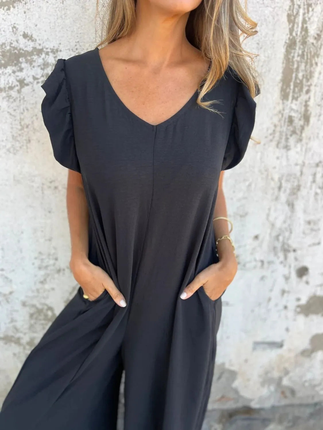 V-Neck Cap Sleeve Wide Leg Jumpsuit