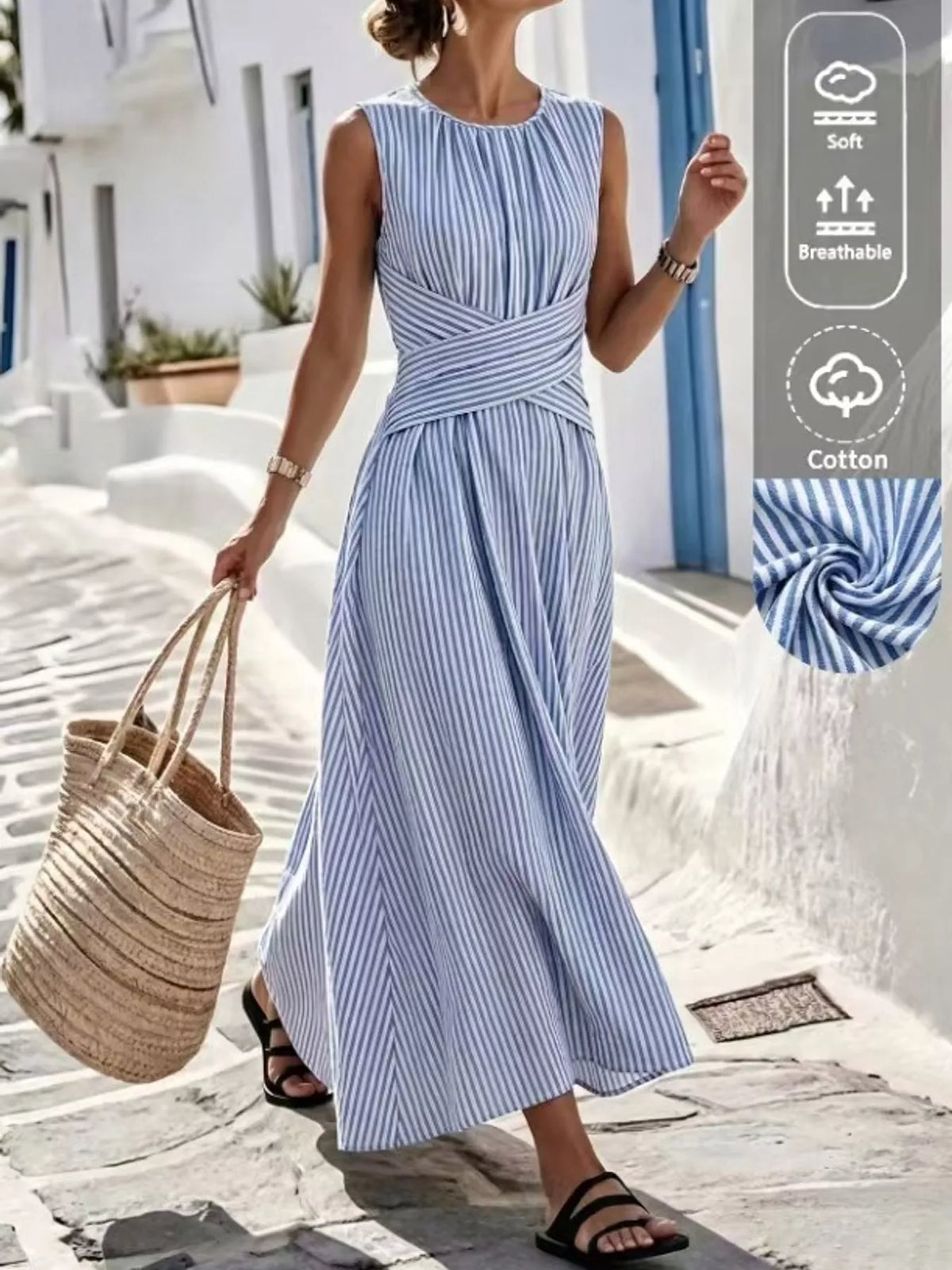 Sleeveless Striped Maxi Dress with Criss-Cross Waist