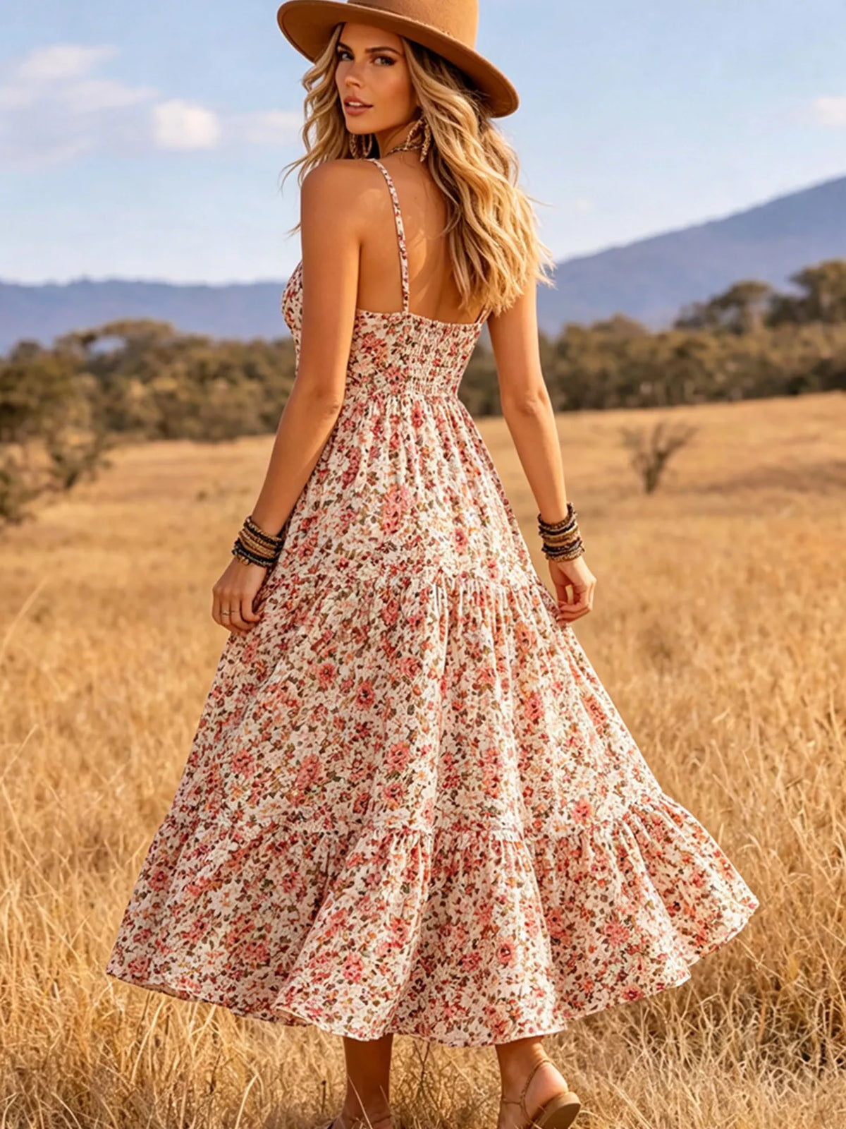 Floral Print V-Neck Tiered Midi Dress
