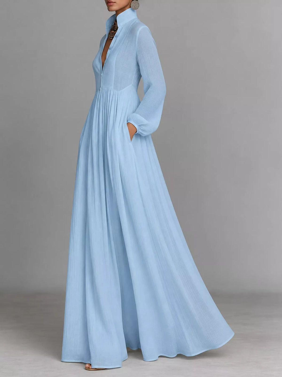Long-Sleeve Button Front Maxi Dress
