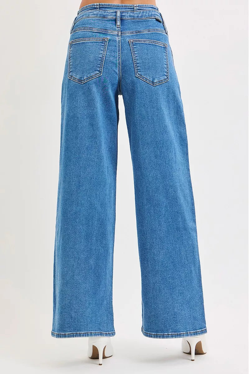 Risen Mid Rise Wide Leg Jeans with Pleated Detail in Medium Wash