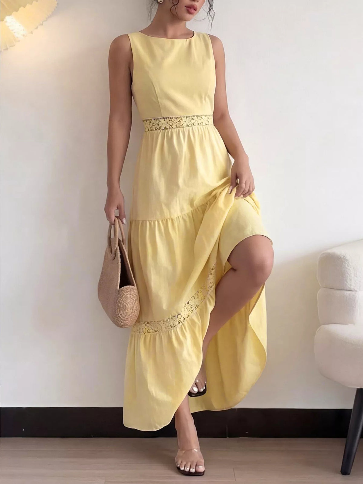 Lace-Trim Tiered Maxi Dress in Yellow