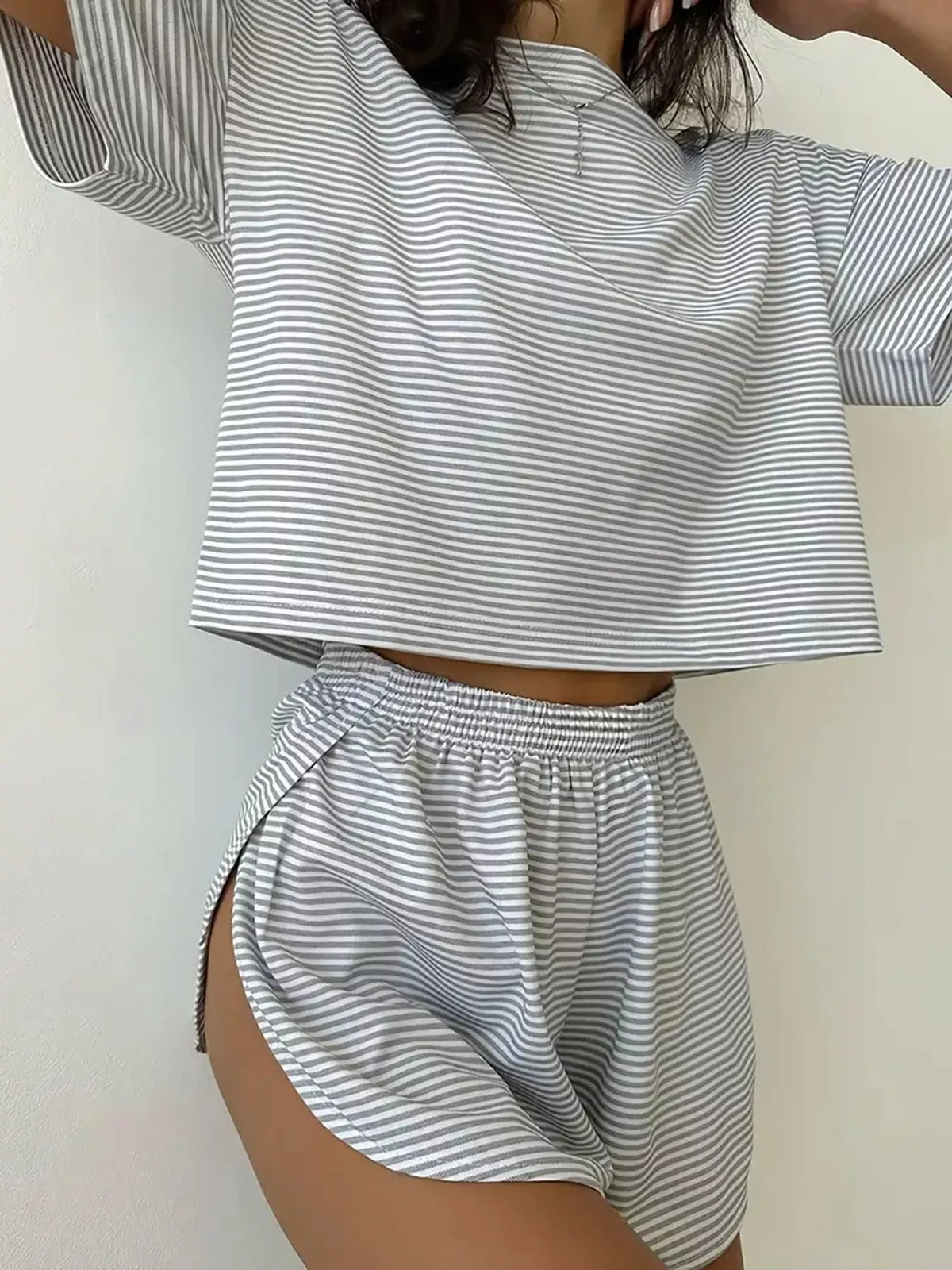 Striped Crop Top and Shorts Lounge Set