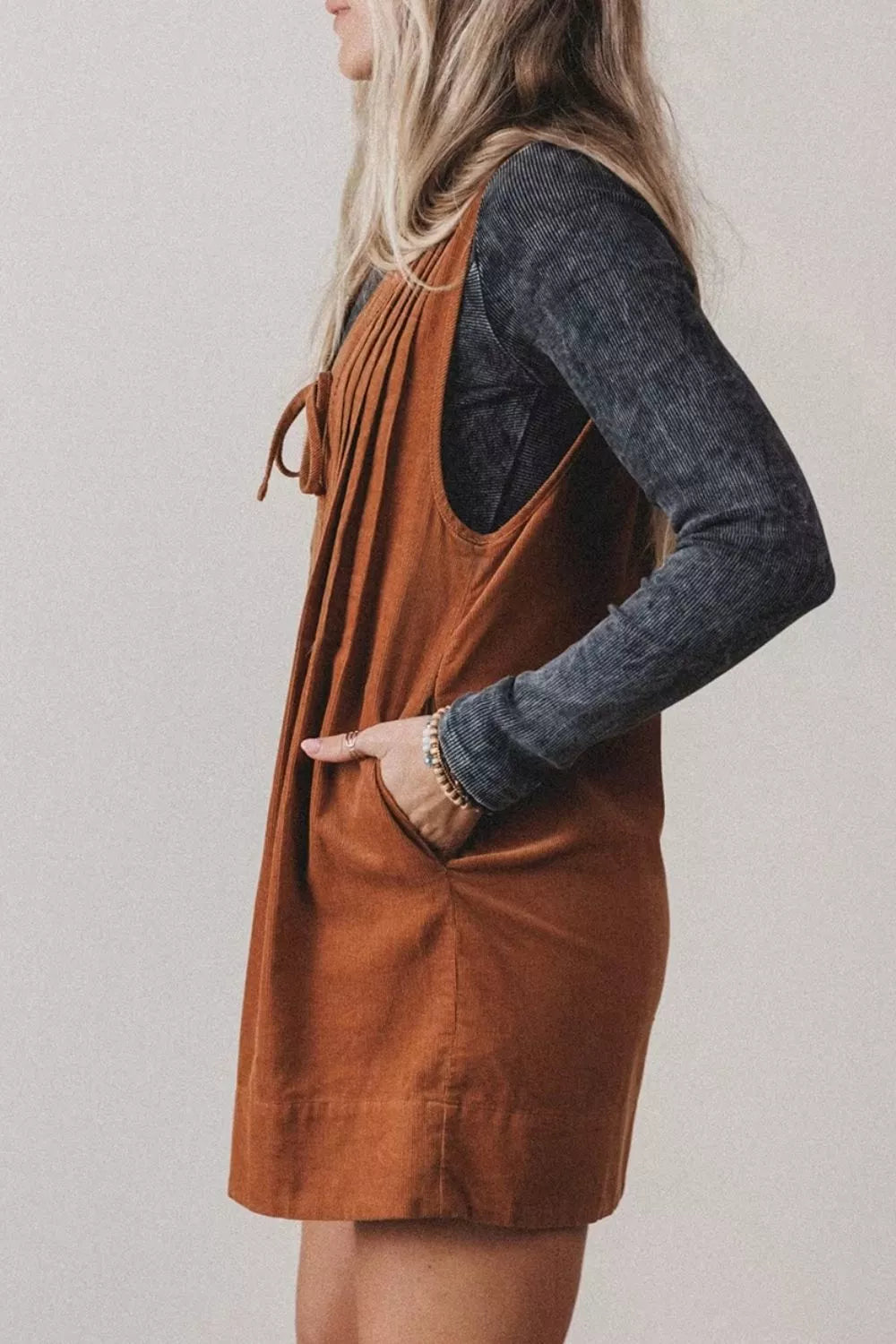 Tie V-Neck Corduroy Romper in Caramel