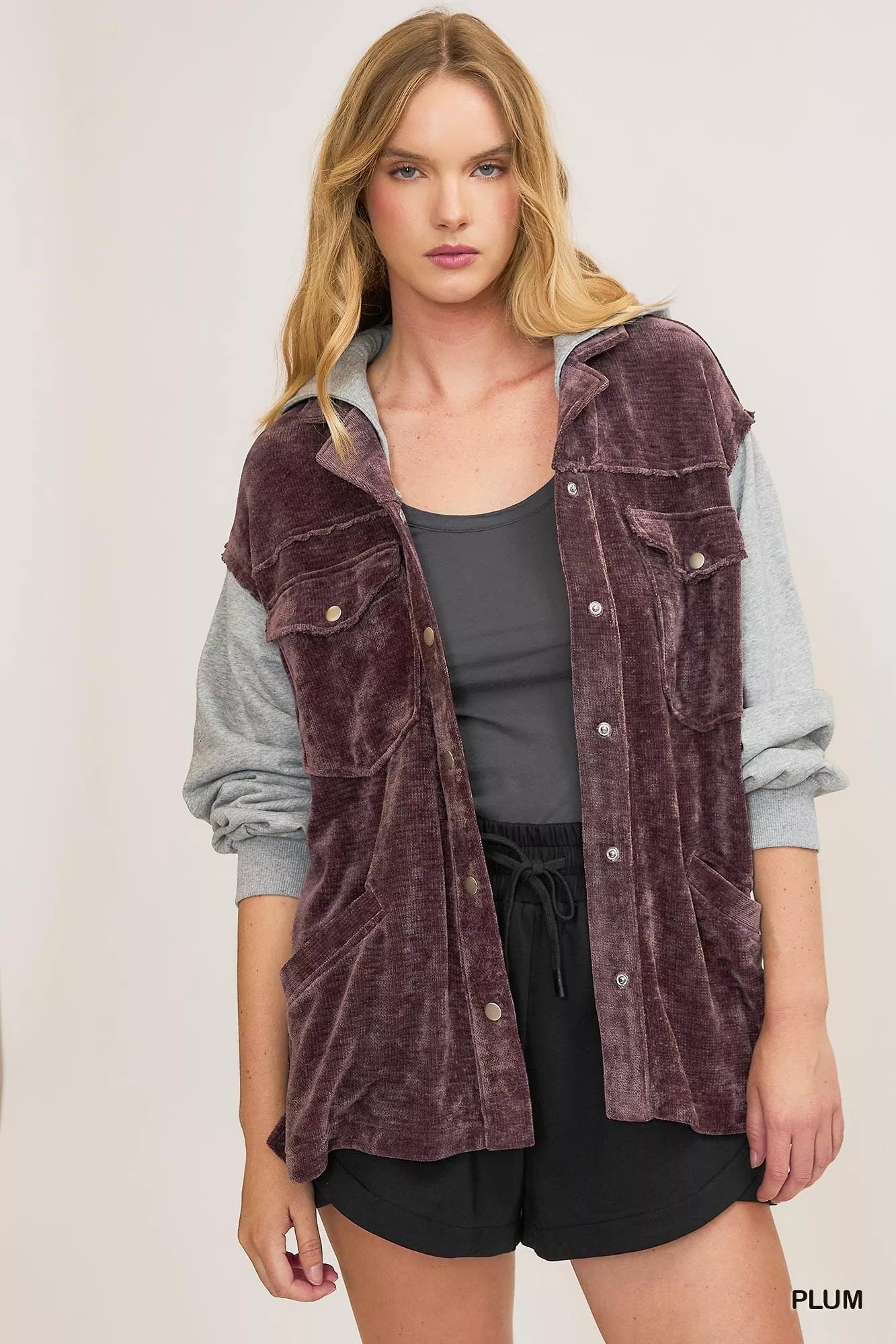 Umgee Hooded Chenille Jacket in Plum