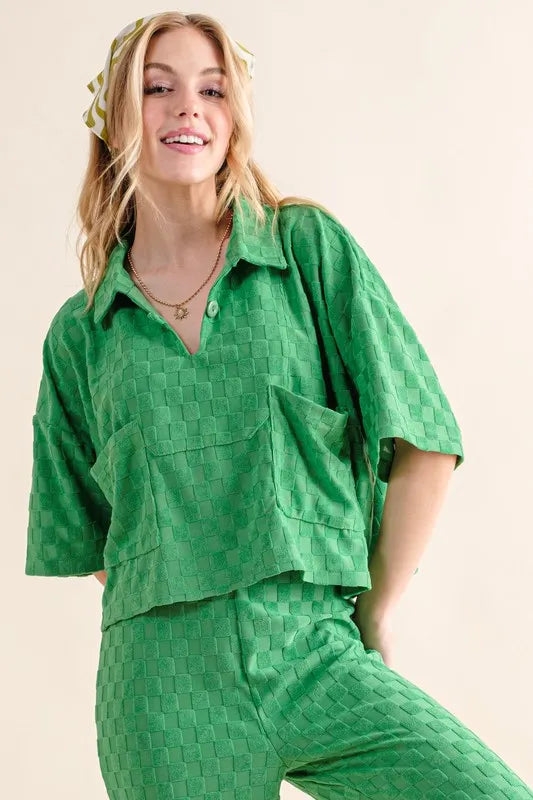 And The Why Checkerboard Print Top in Green