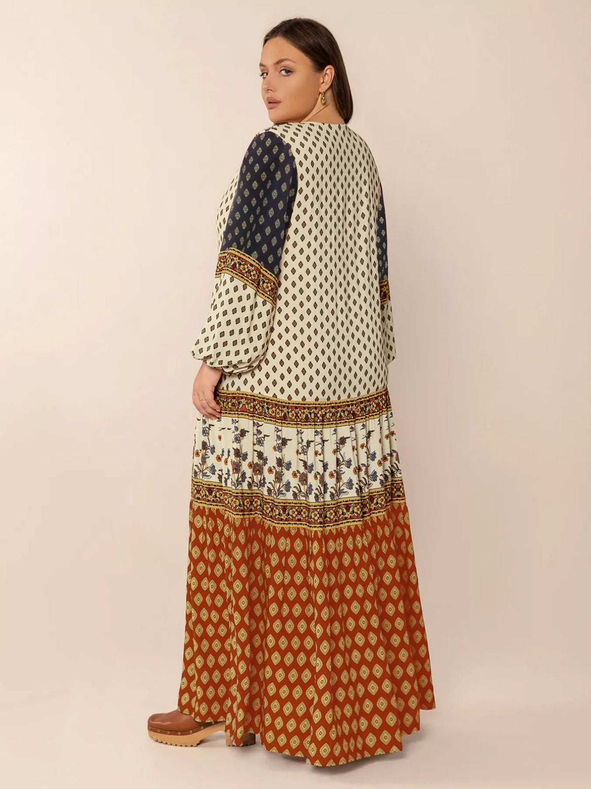 Notched Balloon-Sleeve Maxi Dress in Caramel
