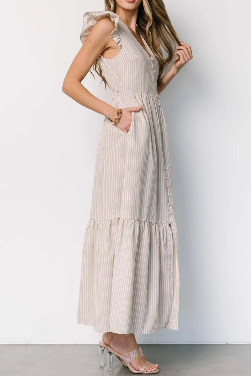 Striped V-Neck Ruffled Cap Sleeve Dress