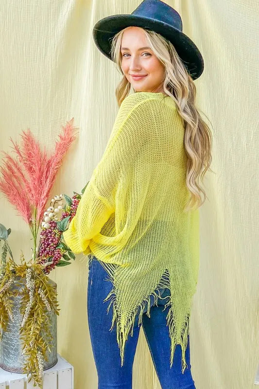 And The Why Distressed Mesh V-Neck Cover-Up in Yellow