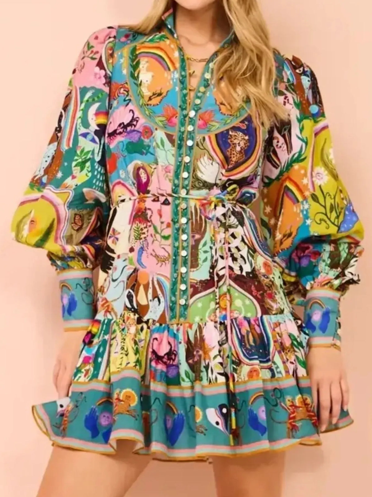 Printed Long Sleeve Mini Dress in Multicolor