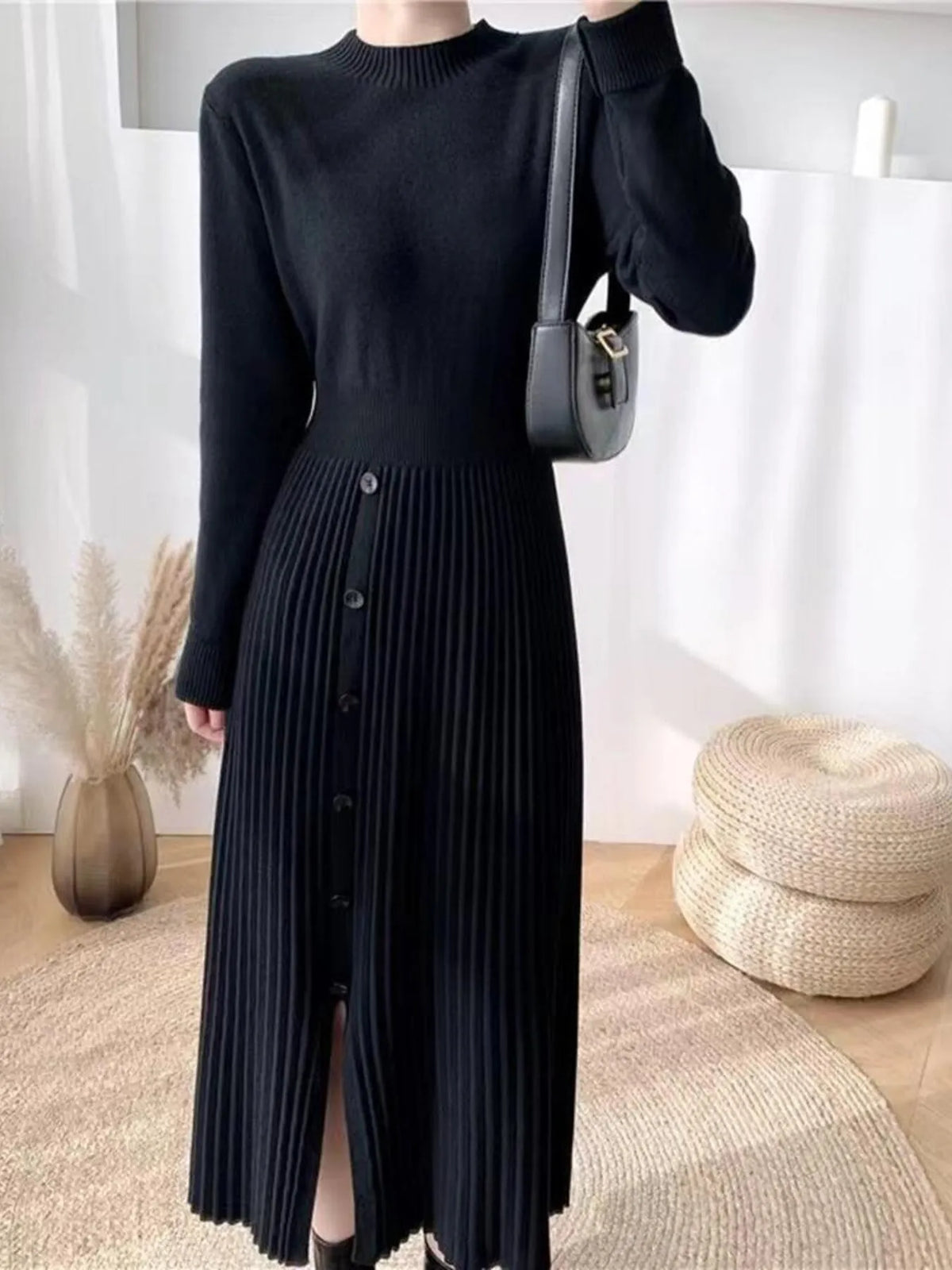 Slit Front Mock Neck Long Sleeve Knit Dress