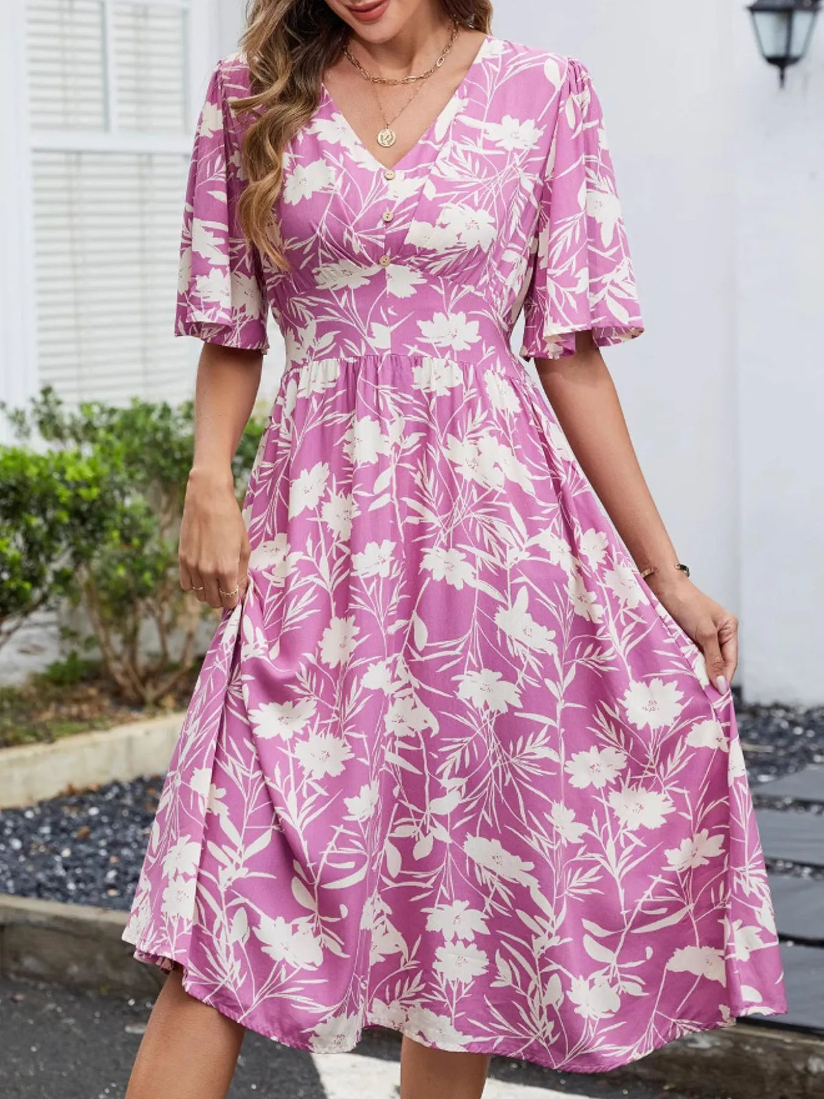 Floral Flutter Sleeve Midi Dress in Mauve
