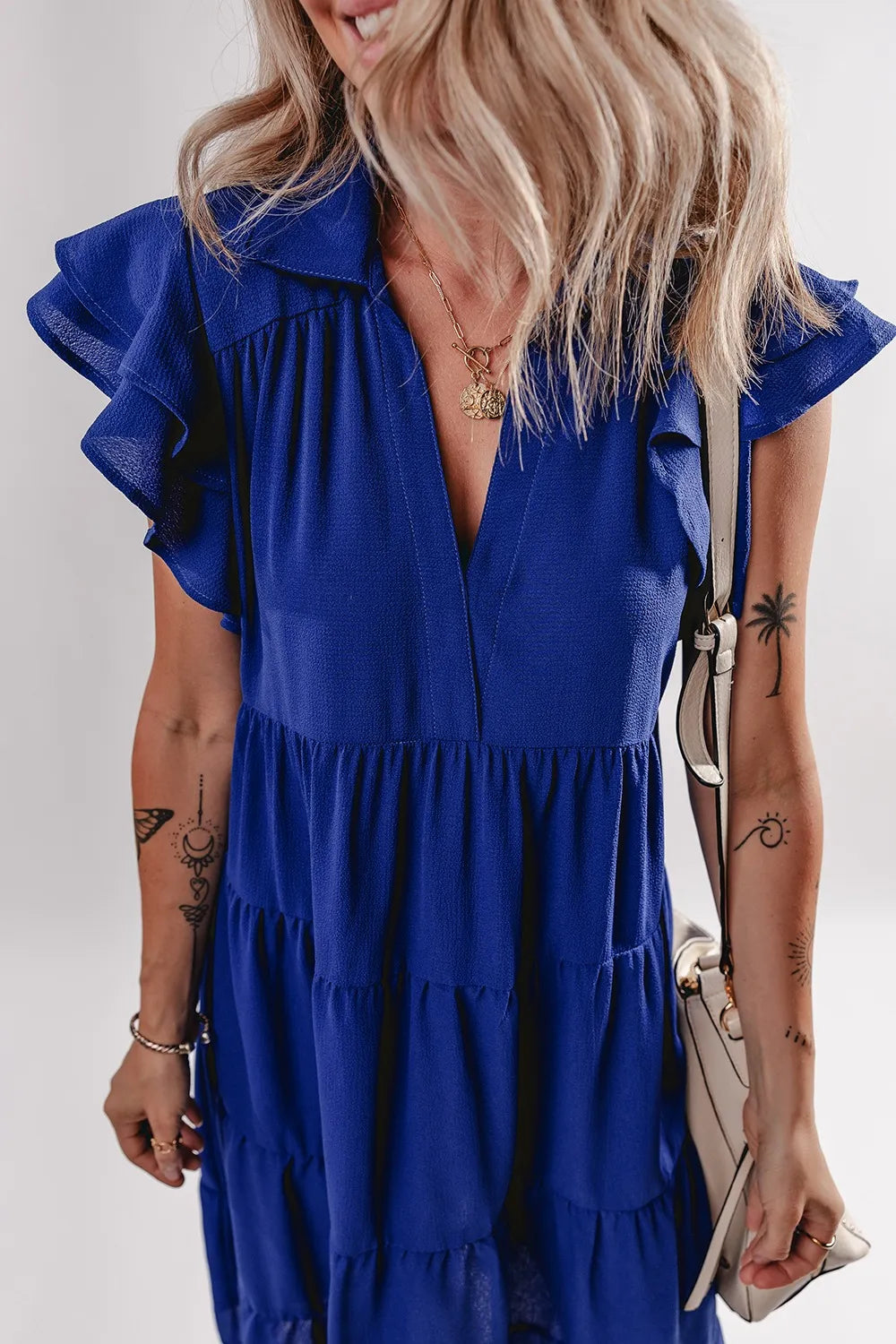 Ruffled Collared Tiered Midi Dress in Light Indigo