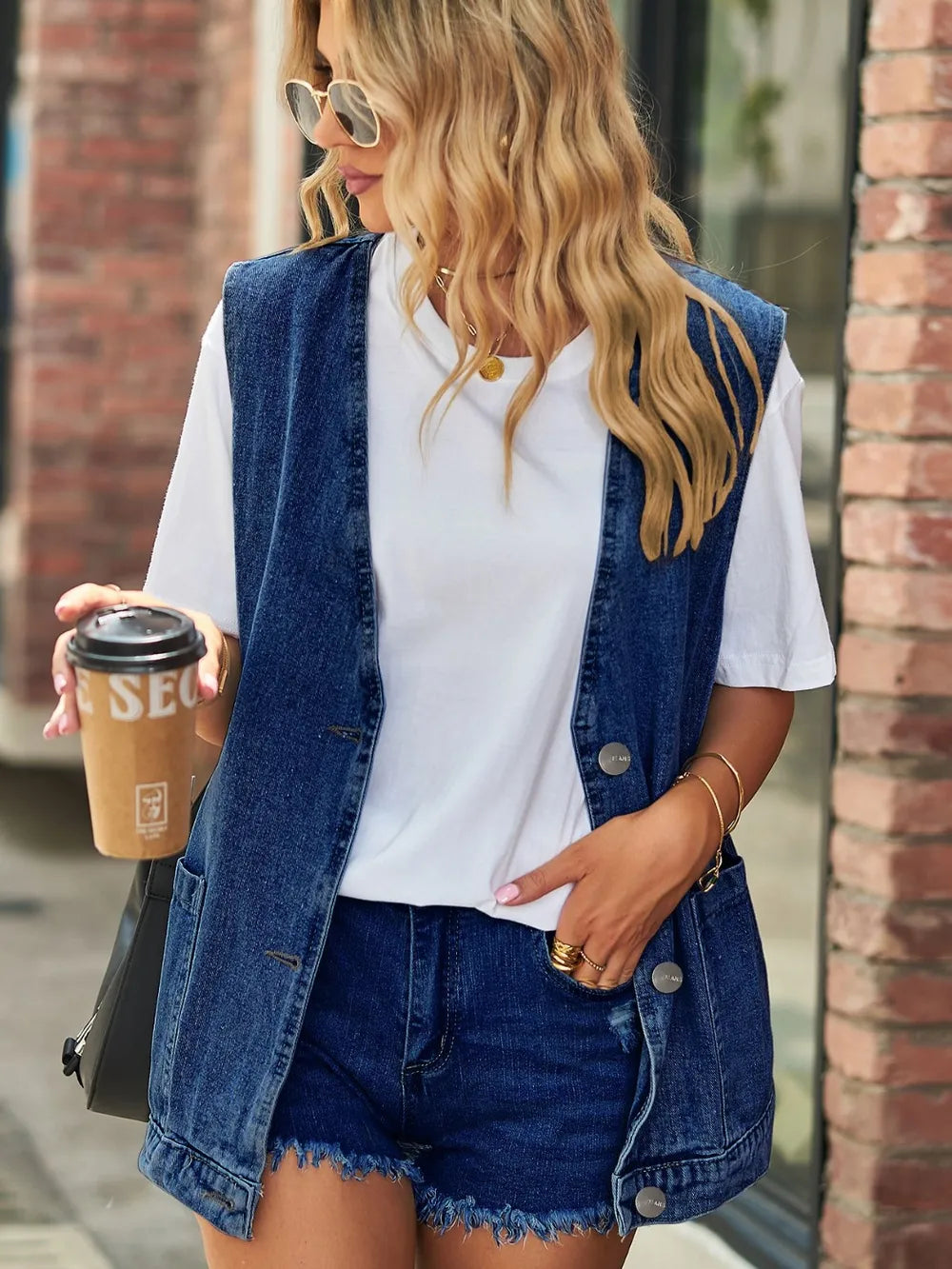 V-Neck Button-Up Denim Vest in Medium by Moni Wear