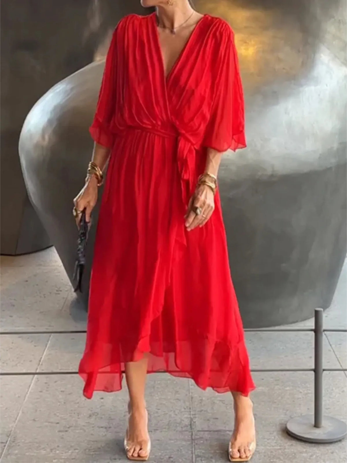 Flowy Tie-Front Midi Dress with Flutter Sleeves
