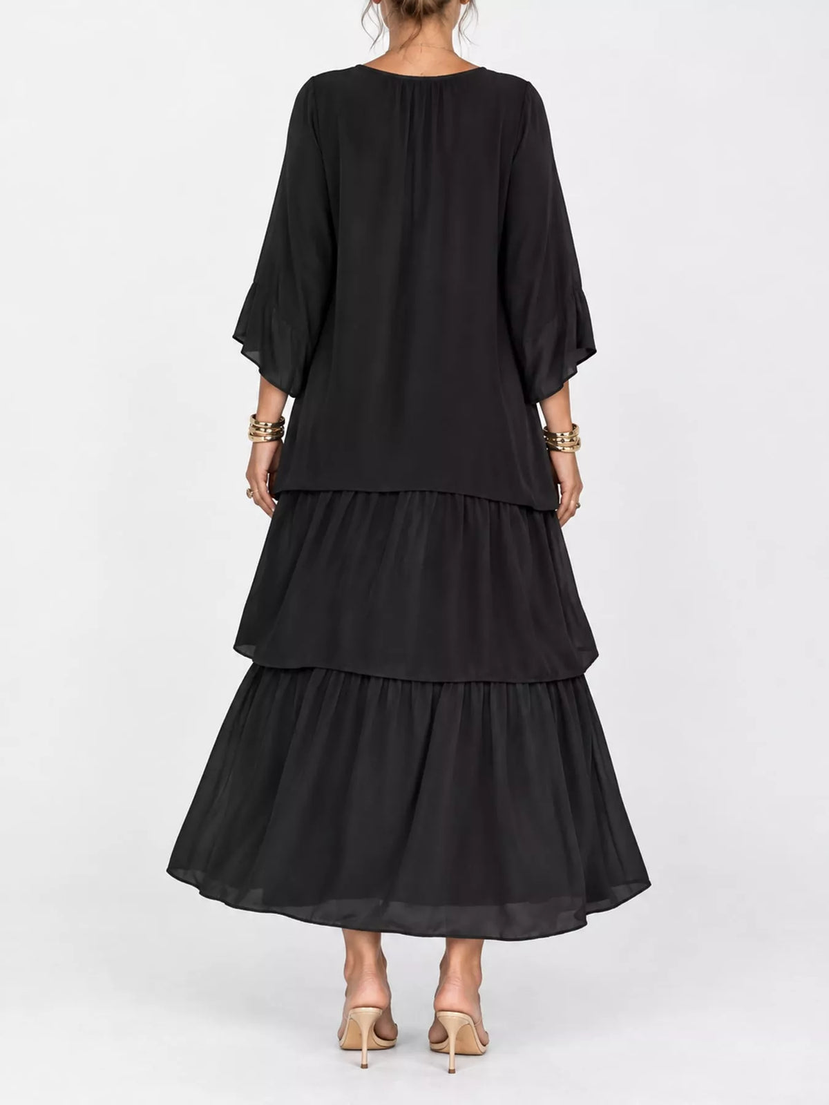 Layered Batwing-Sleeve Tiered Maxi Dress