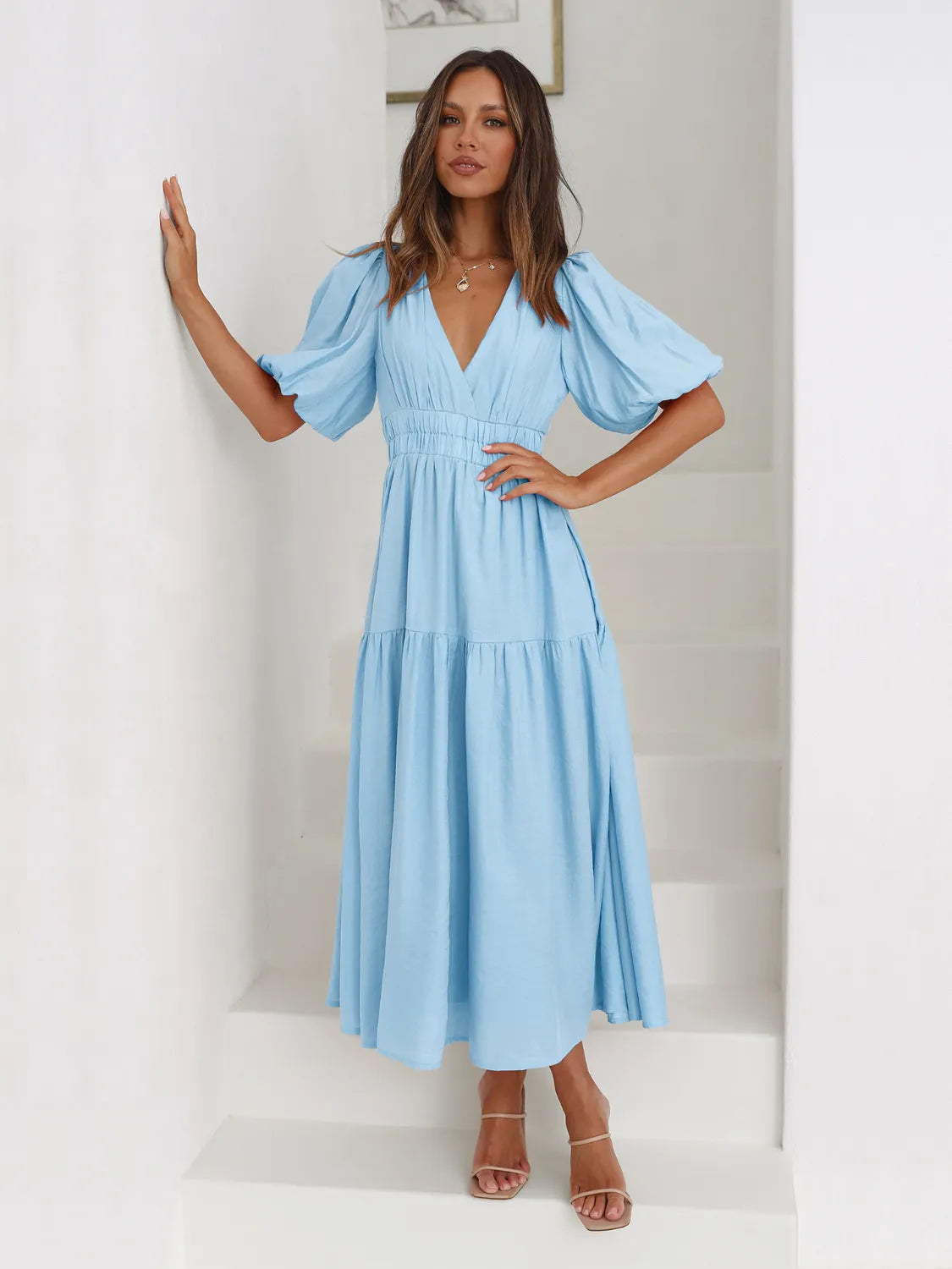 Surplice Half Puff Sleeve Midi Dress