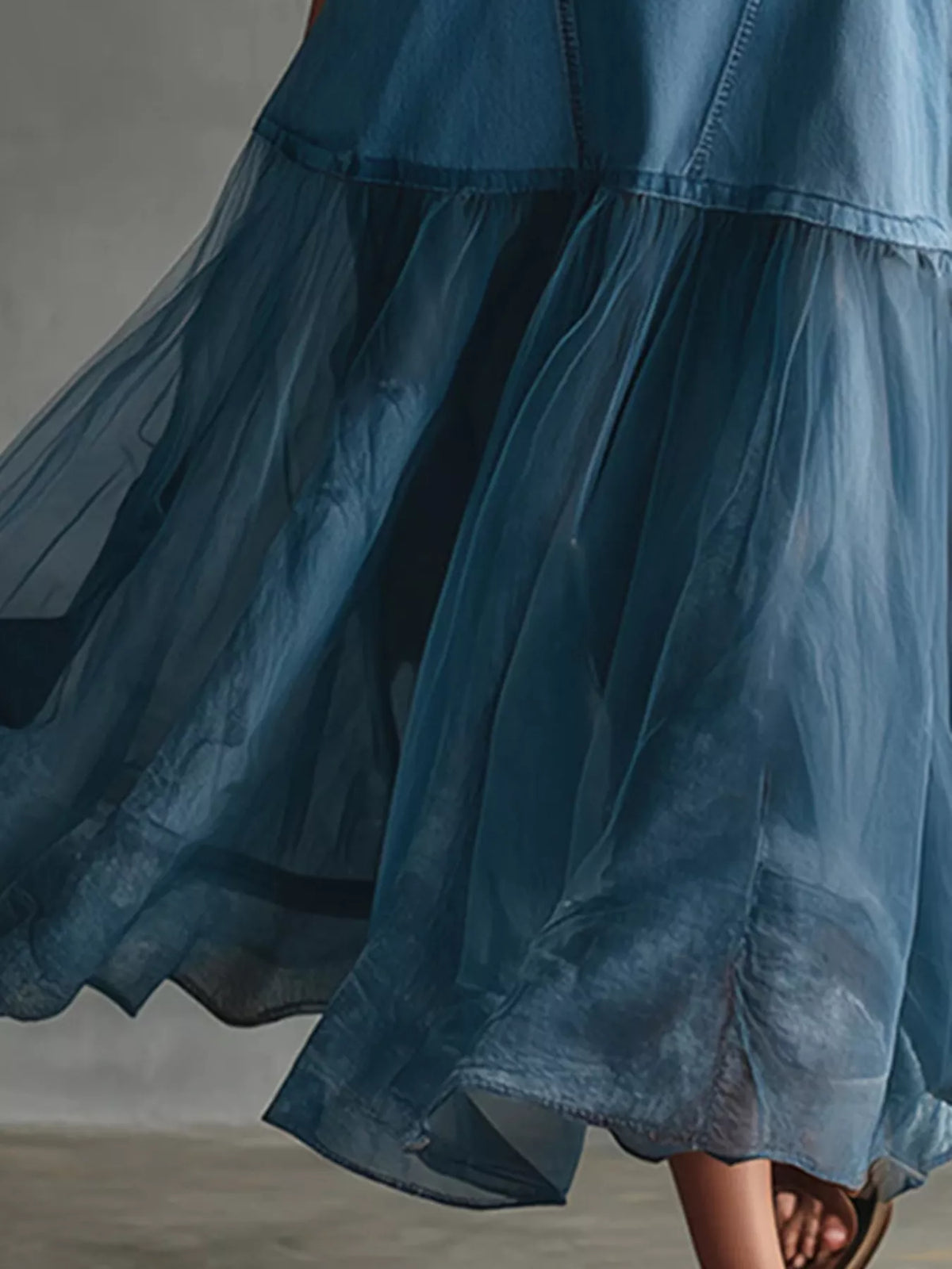 Tulle Patchwork Denim Dress in Blue
