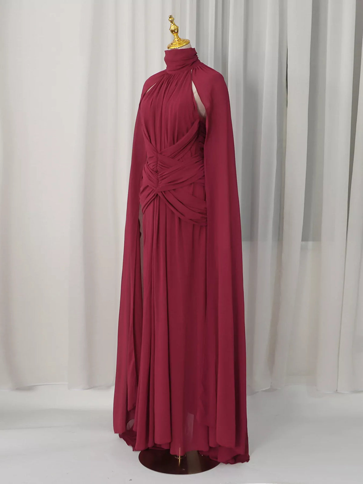 Ruched Halter Neck Cape Maxi Dress in Red