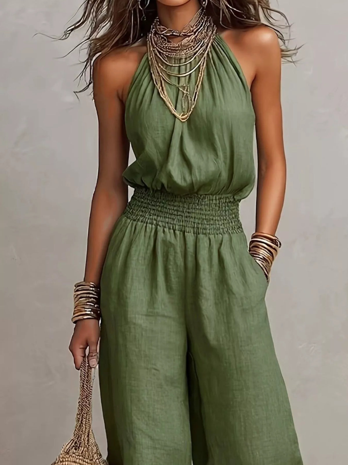 Halter Neck Smocked Wide-Leg Jumpsuit