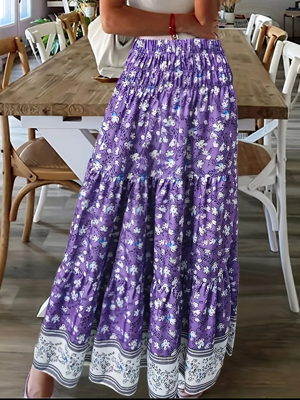 Tiered Printed Elastic-Waist Skirt