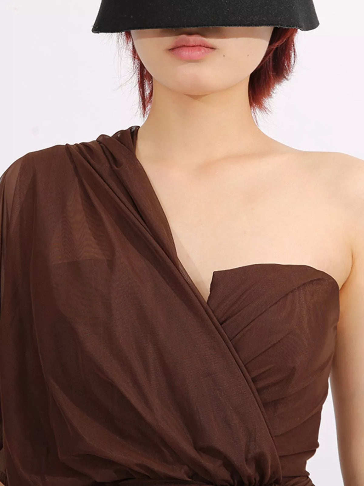 One-Shoulder Mesh Dress in Coffee in Coffee Color