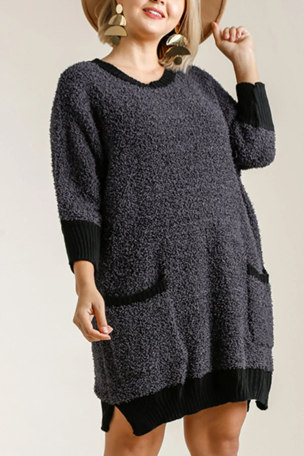 Umgee Ribbed Hem Sweater Dress in Black