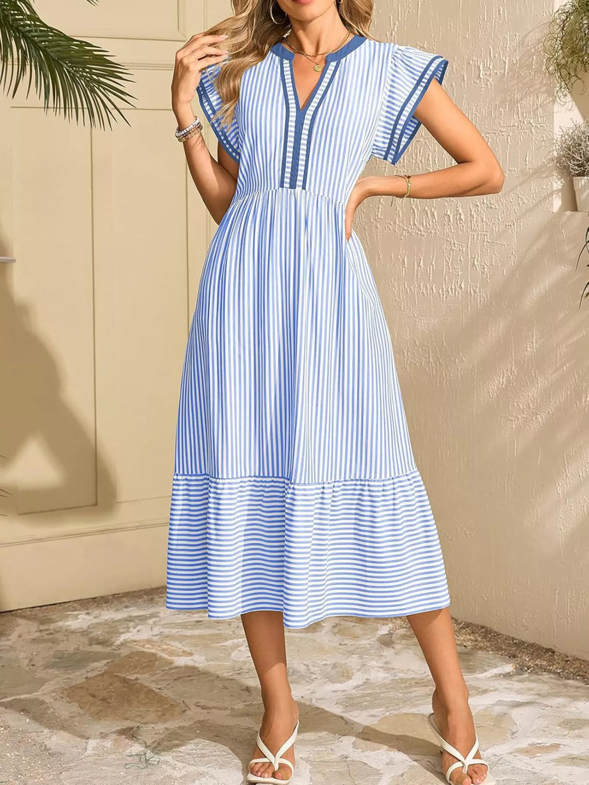 Striped Ruffle Sleeve Midi Dress with Pockets